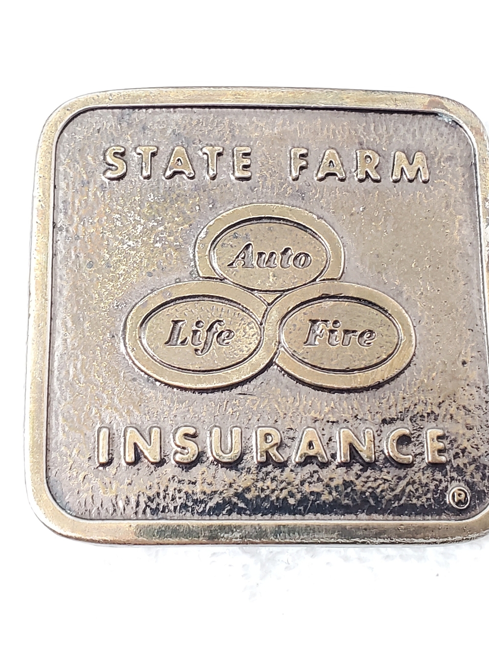 State Farm Insurance Vintage Belt Buckle Classic Three Logo Auto Life Fire